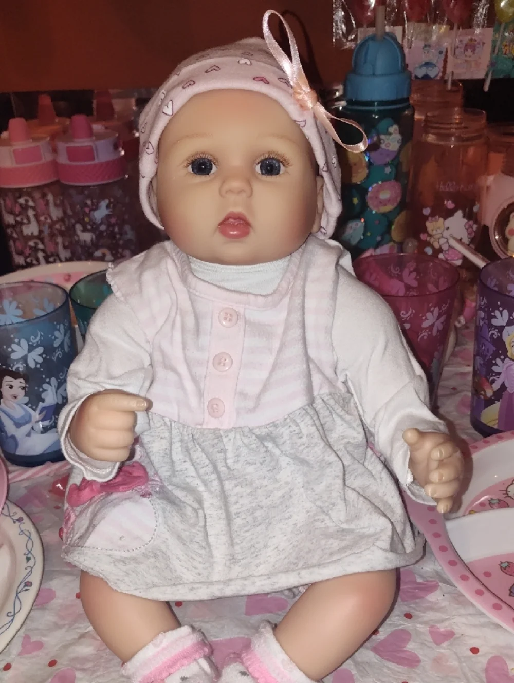 Reborn Pink and Cream Baby Doll with Heart-Print Hat - Picture 4 of 16